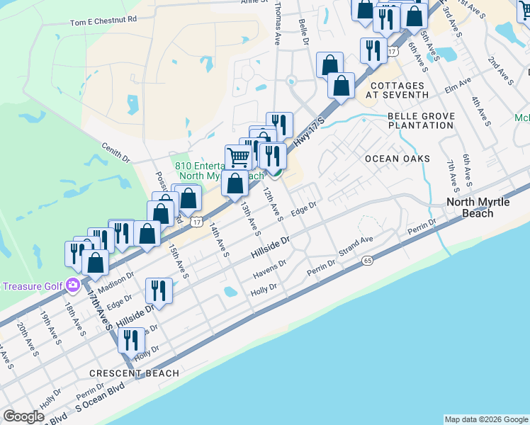 map of restaurants, bars, coffee shops, grocery stores, and more near 1205 Madison Drive in North Myrtle Beach
