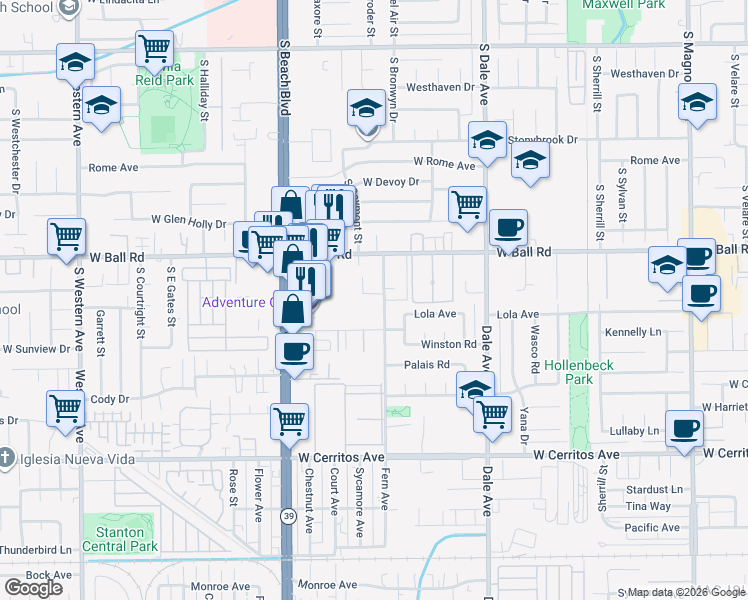 map of restaurants, bars, coffee shops, grocery stores, and more near 2906 West Ravenswood Drive in Anaheim
