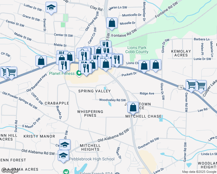 map of restaurants, bars, coffee shops, grocery stores, and more near 827 Wood Valley Road Southwest in Mableton