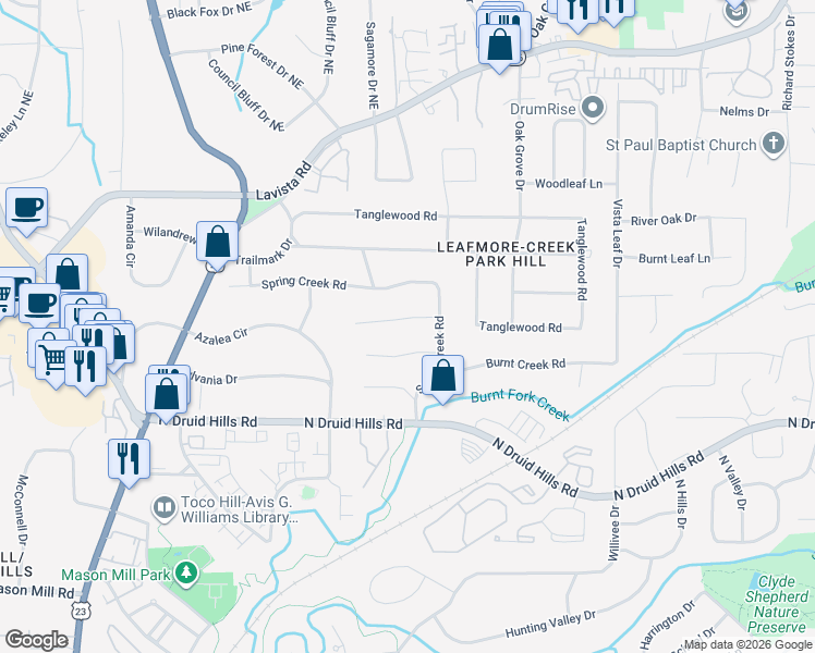 map of restaurants, bars, coffee shops, grocery stores, and more near 2239 Springwood Drive in Decatur
