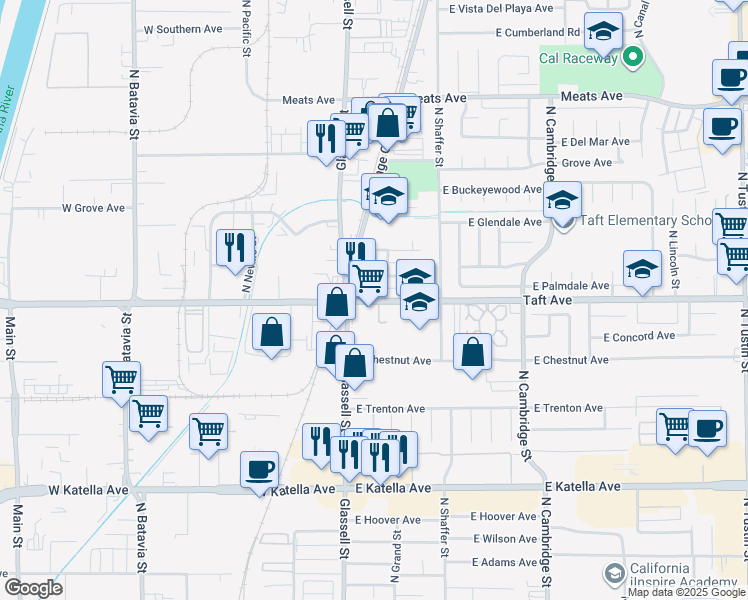 map of restaurants, bars, coffee shops, grocery stores, and more near 131 East Taft Avenue in Orange