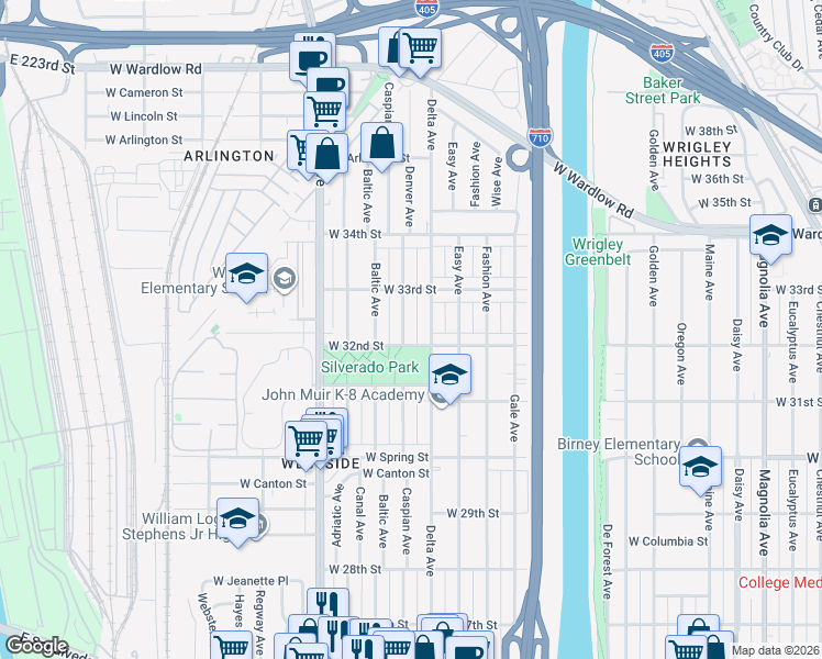 map of restaurants, bars, coffee shops, grocery stores, and more near 3232 Caspian Avenue in Long Beach
