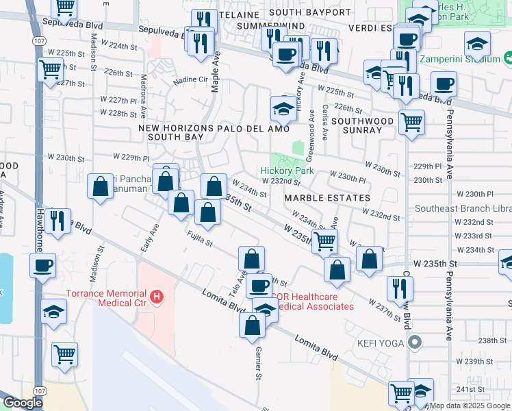 map of restaurants, bars, coffee shops, grocery stores, and more near 2875 West 235th Street in Torrance