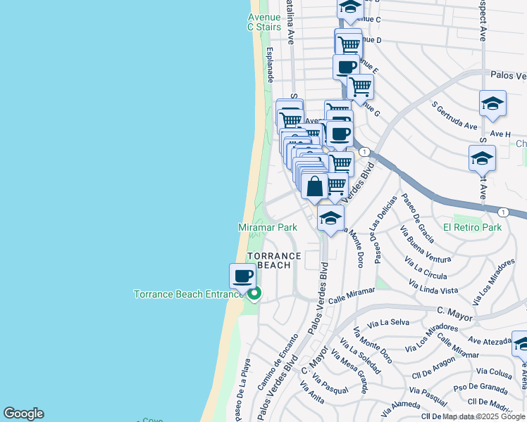 map of restaurants, bars, coffee shops, grocery stores, and more near 1799 Esplanade in Redondo Beach