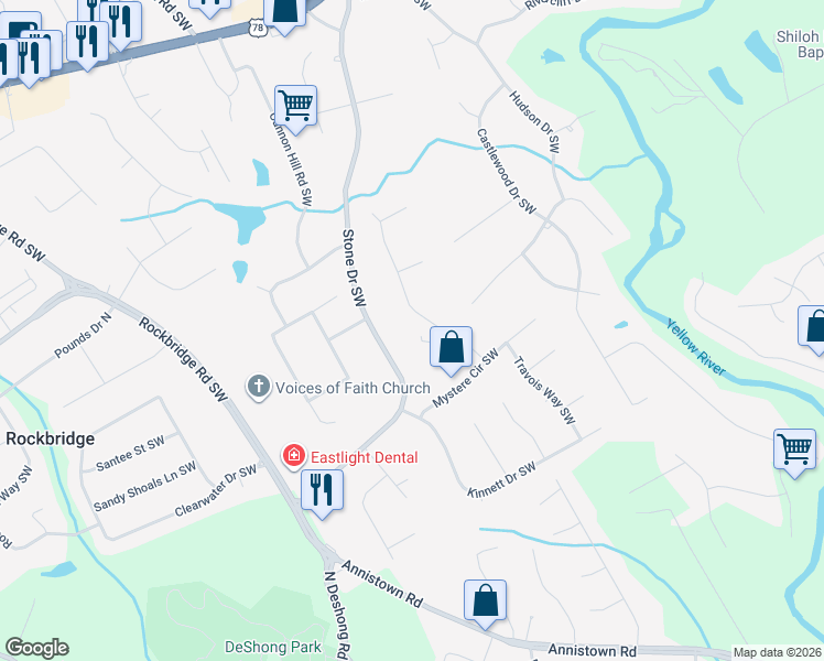 map of restaurants, bars, coffee shops, grocery stores, and more near 2597 Dakota Trail Southwest in Lilburn