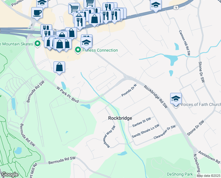 map of restaurants, bars, coffee shops, grocery stores, and more near 121 Villa Park Circle in Stone Mountain