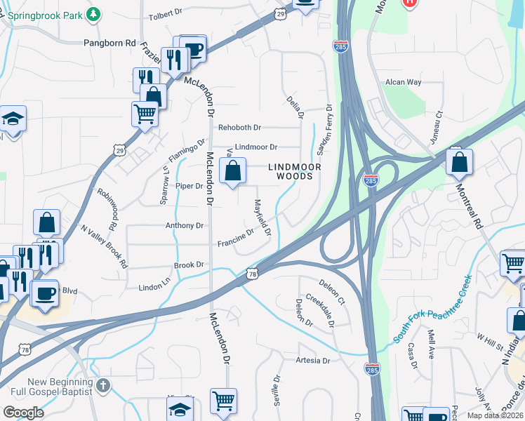map of restaurants, bars, coffee shops, grocery stores, and more near 1242 Mayfield Drive in Decatur