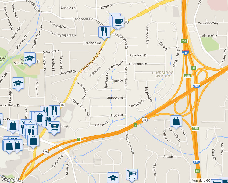 map of restaurants, bars, coffee shops, grocery stores, and more near 3099 Dove Way in Decatur