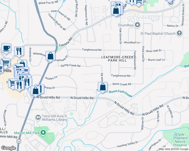 map of restaurants, bars, coffee shops, grocery stores, and more near 2239 Springwood Drive in Decatur