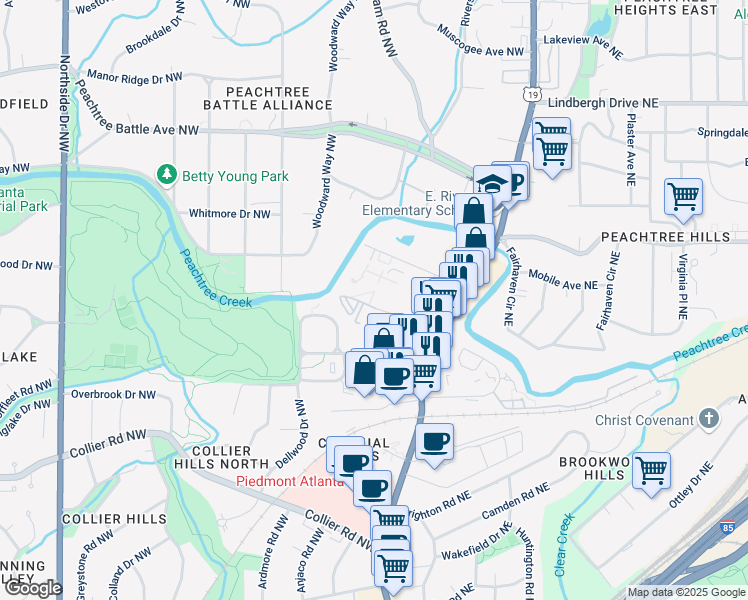 map of restaurants, bars, coffee shops, grocery stores, and more near 115 Biscayne Drive Northwest in Atlanta