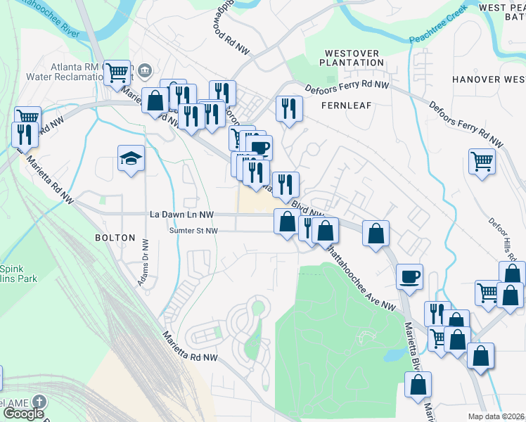 map of restaurants, bars, coffee shops, grocery stores, and more near 1811 La Dawn Lane Northwest in Atlanta