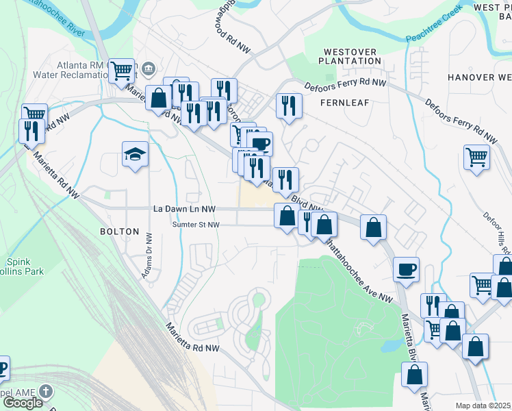 map of restaurants, bars, coffee shops, grocery stores, and more near 1845 La Dawn Lane Northwest in Atlanta