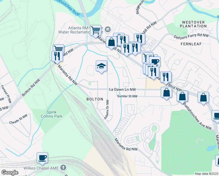 map of restaurants, bars, coffee shops, grocery stores, and more near 2045 La Dawn Lane Northwest in Atlanta