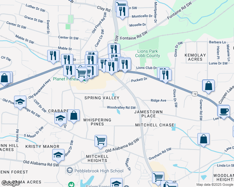 map of restaurants, bars, coffee shops, grocery stores, and more near 827 Wood Valley Road Southwest in Mableton