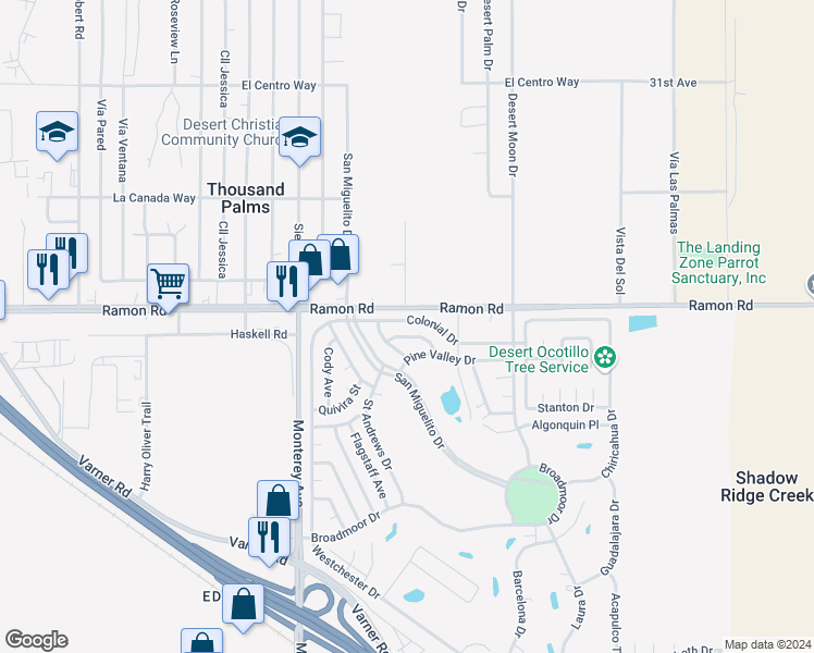 map of restaurants, bars, coffee shops, grocery stores, and more near 73221 Colonial Drive in Thousand Palms