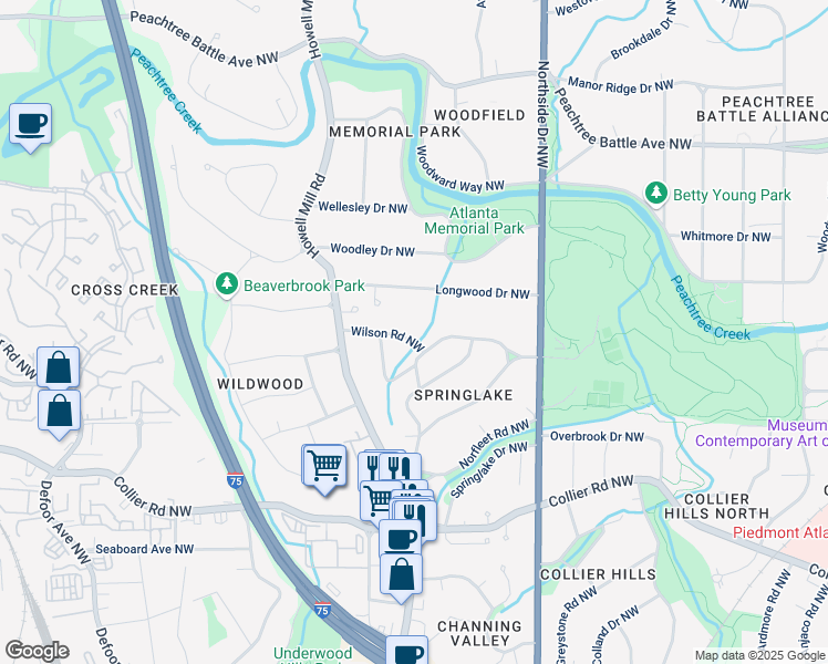 map of restaurants, bars, coffee shops, grocery stores, and more near 715 Wilson Road Northwest in Atlanta