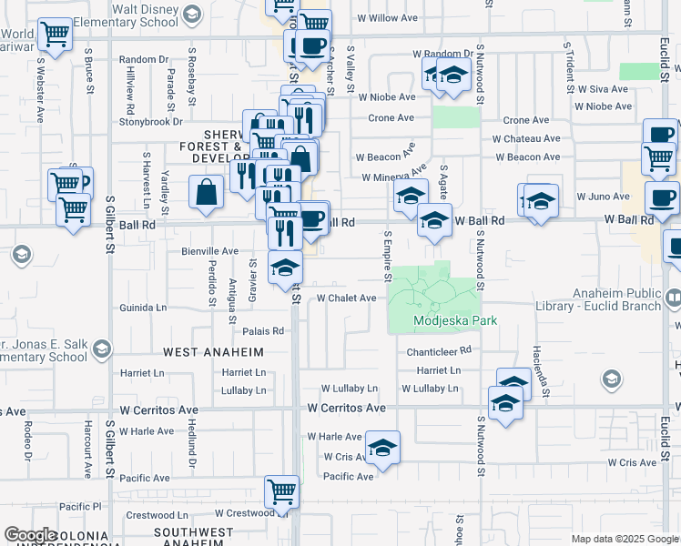 map of restaurants, bars, coffee shops, grocery stores, and more near 1250 South Brookhurst Street in Anaheim