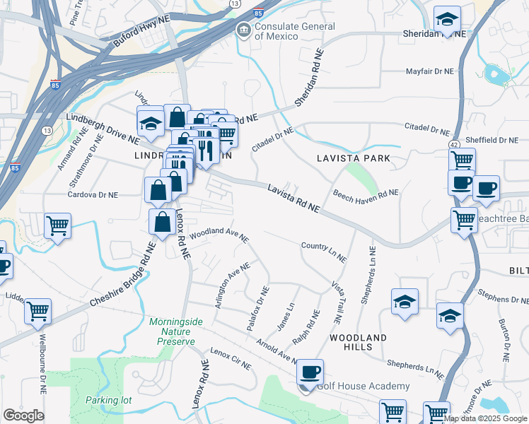 map of restaurants, bars, coffee shops, grocery stores, and more near 1261 Lavista Road Northeast in Atlanta