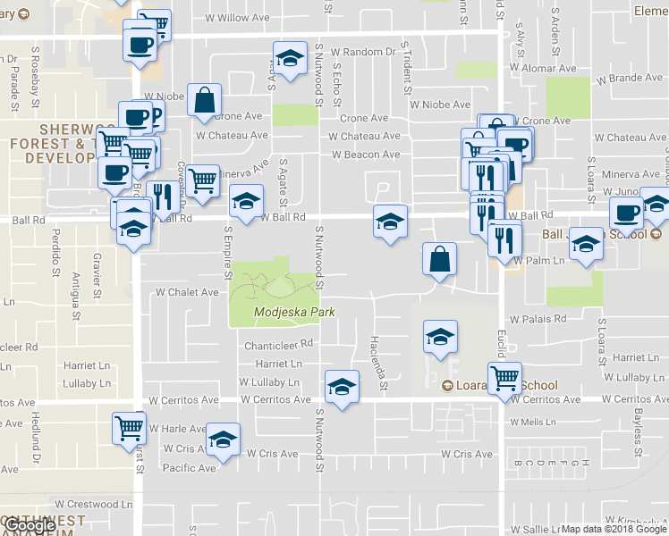 map of restaurants, bars, coffee shops, grocery stores, and more near 1873 West Castle Avenue in Anaheim