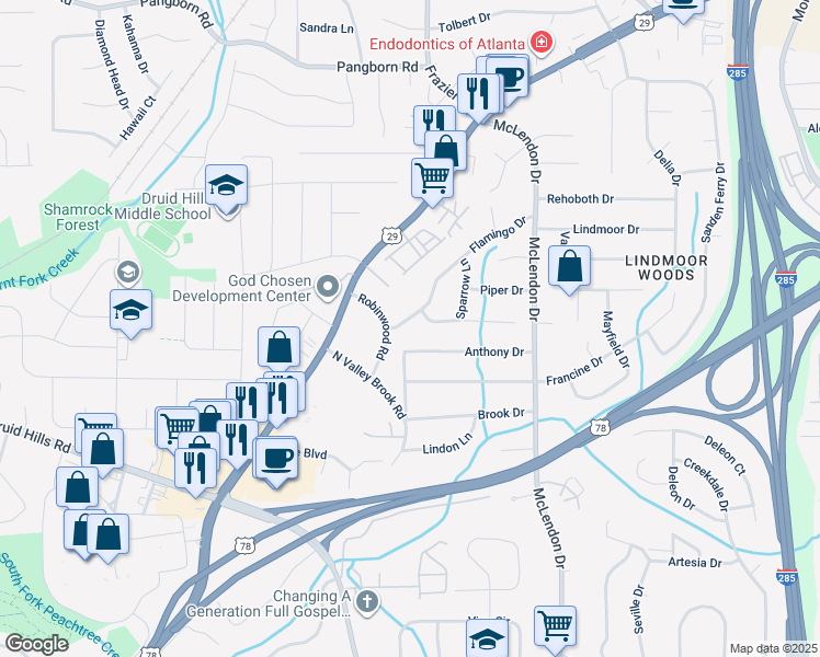 map of restaurants, bars, coffee shops, grocery stores, and more near 3017 Flamingo Drive in Decatur