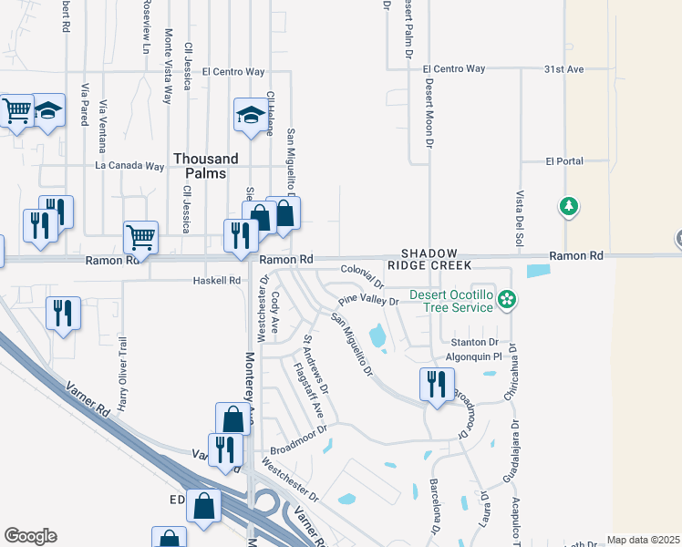 map of restaurants, bars, coffee shops, grocery stores, and more near 73221 Colonial Drive in Thousand Palms