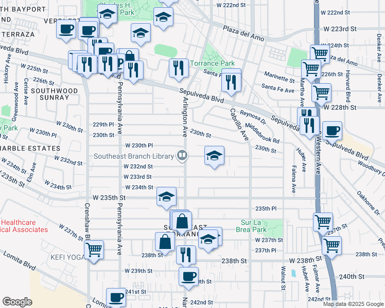 map of restaurants, bars, coffee shops, grocery stores, and more near 23038 Arlington Avenue in Torrance