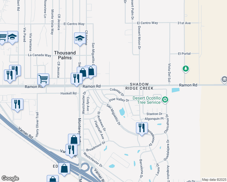 map of restaurants, bars, coffee shops, grocery stores, and more near 73251 Colonial Drive in Thousand Palms
