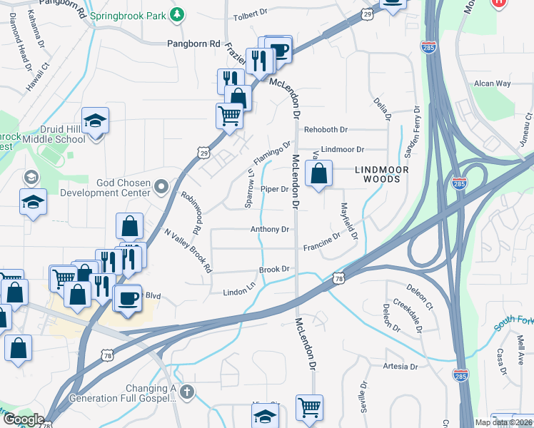 map of restaurants, bars, coffee shops, grocery stores, and more near 3099 Dove Way in Decatur