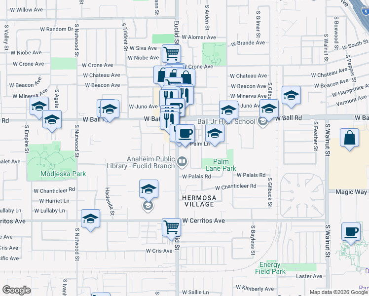 map of restaurants, bars, coffee shops, grocery stores, and more near 1300 South Euclid Street in Anaheim