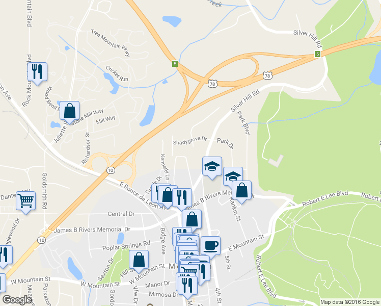 map of restaurants, bars, coffee shops, grocery stores, and more near 1236 South Shadygrove Court in Stone Mountain