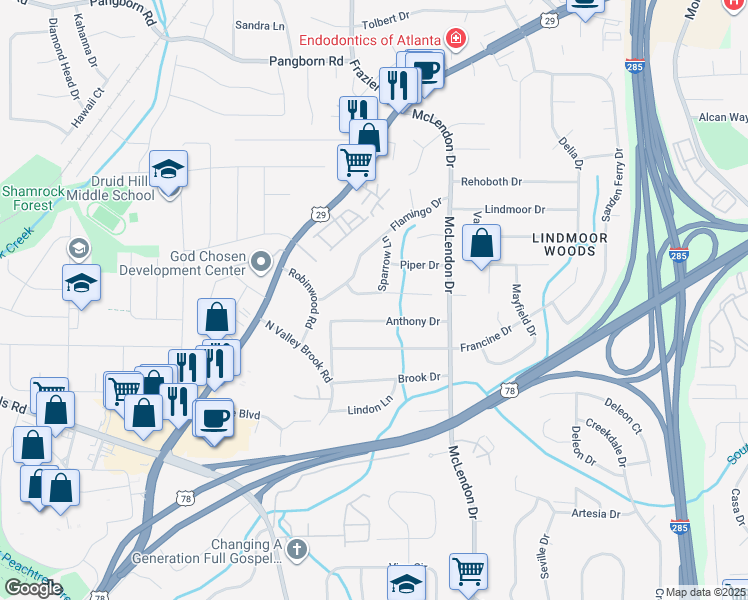 map of restaurants, bars, coffee shops, grocery stores, and more near 3063 Dove Way in Decatur