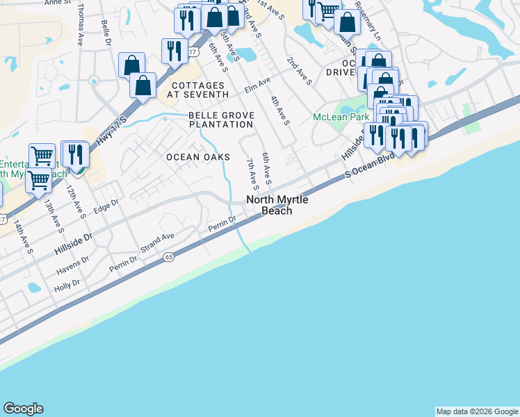 map of restaurants, bars, coffee shops, grocery stores, and more near 600-S South Ocean Boulevard in North Myrtle Beach