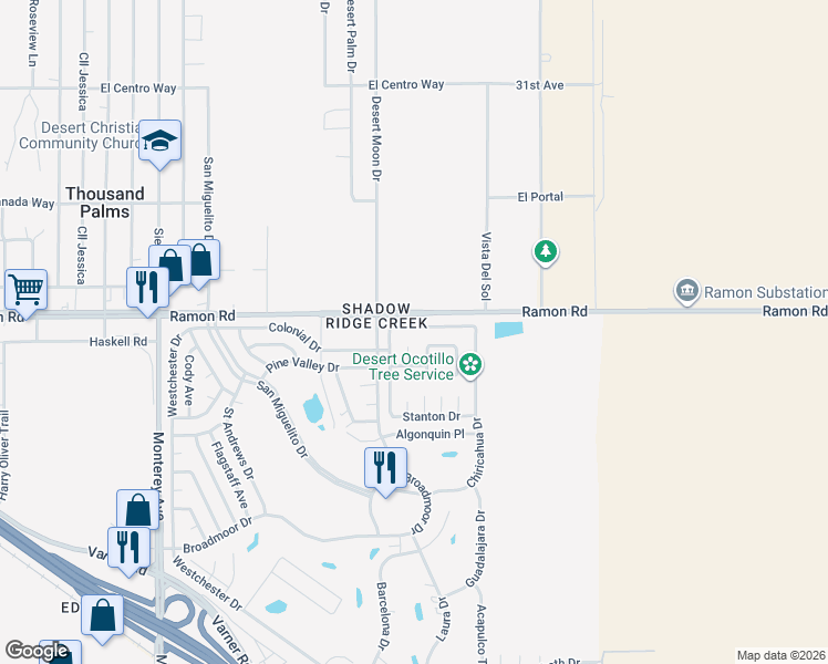 map of restaurants, bars, coffee shops, grocery stores, and more near 73607 Black Eagle Drive in Thousand Palms