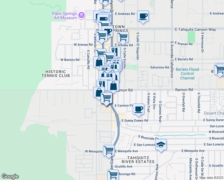 map of restaurants, bars, coffee shops, grocery stores, and more near 2 Ramon Road in Palm Springs
