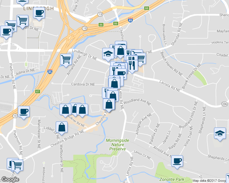 map of restaurants, bars, coffee shops, grocery stores, and more near 2230 Cheshire Bridge Road in Atlanta