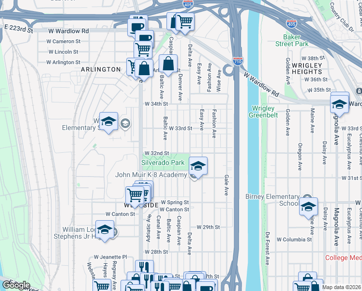 map of restaurants, bars, coffee shops, grocery stores, and more near 3232 Caspian Avenue in Long Beach
