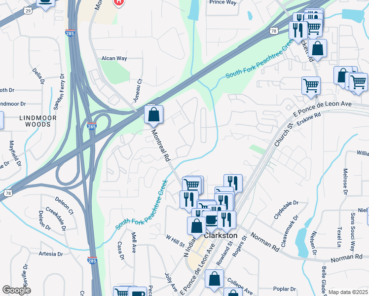 map of restaurants, bars, coffee shops, grocery stores, and more near 3604 Montreal Creek Circle in Clarkston