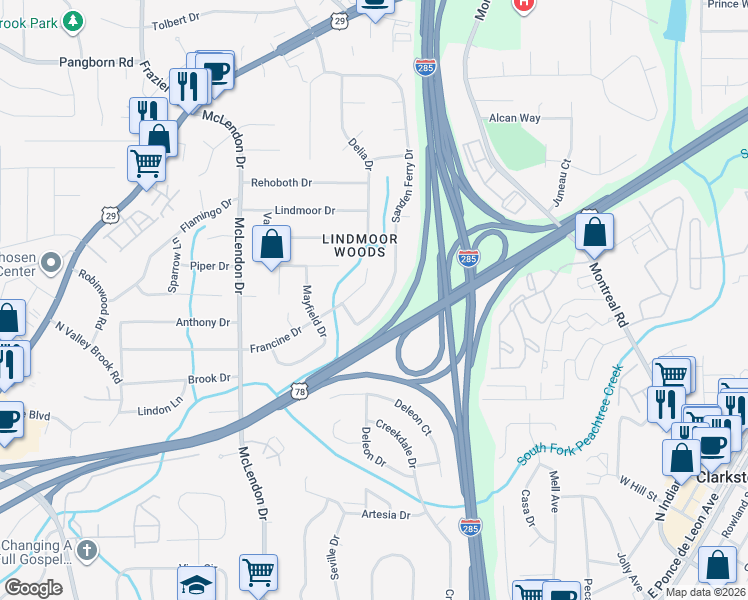 map of restaurants, bars, coffee shops, grocery stores, and more near 1224 Sanden Ferry Drive in Decatur