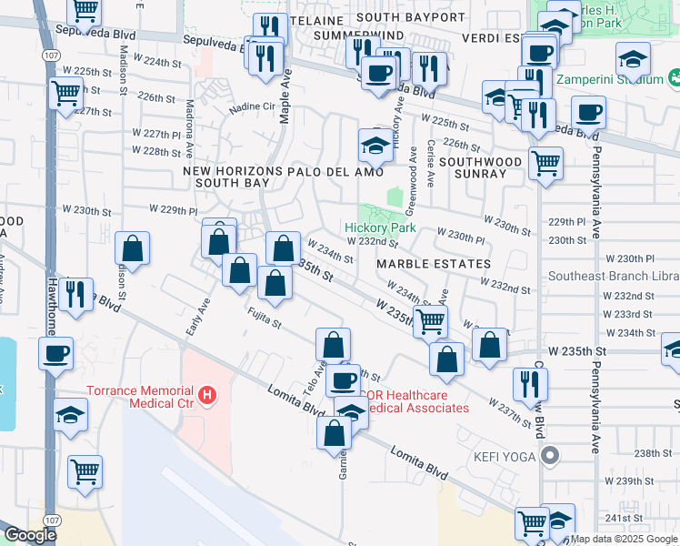 map of restaurants, bars, coffee shops, grocery stores, and more near 2875 West 235th Street in Torrance