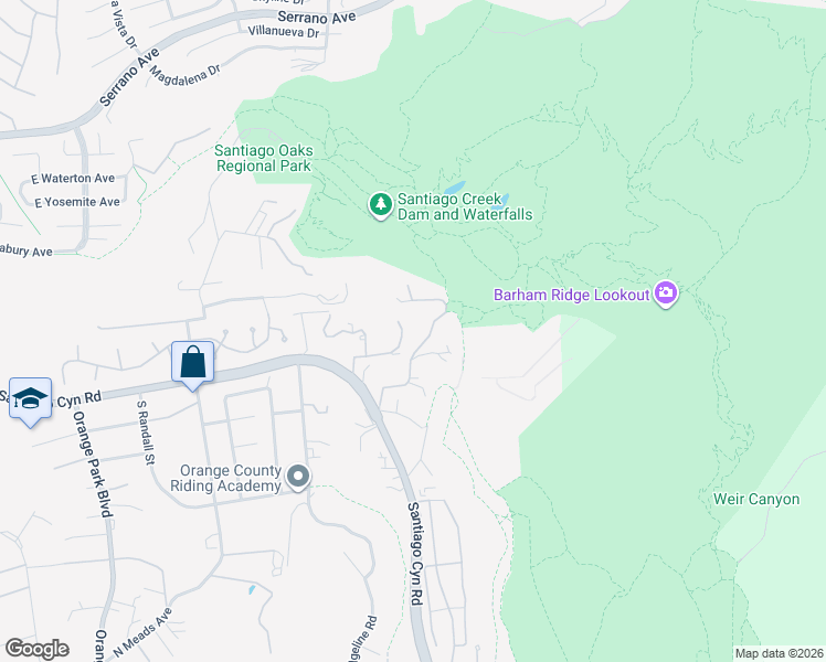 map of restaurants, bars, coffee shops, grocery stores, and more near 7634 East Diane Drive in Orange