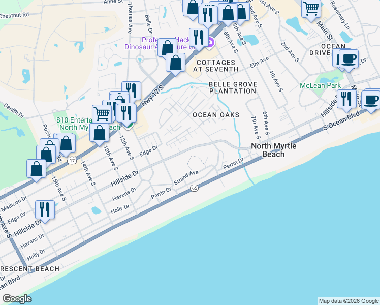 map of restaurants, bars, coffee shops, grocery stores, and more near 511 Seminole Circle in North Myrtle Beach