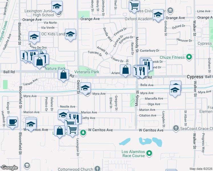 map of restaurants, bars, coffee shops, grocery stores, and more near 4730 Larwin Avenue in Cypress