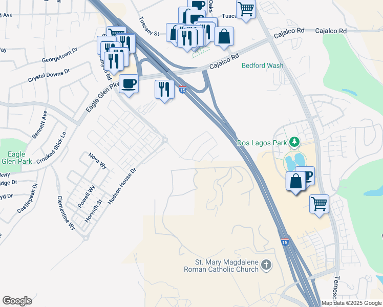 map of restaurants, bars, coffee shops, grocery stores, and more near 3820 Crossen Drive in Corona