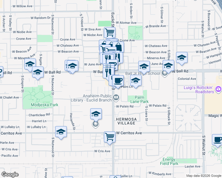 map of restaurants, bars, coffee shops, grocery stores, and more near 1307 South Euclid Street in Anaheim