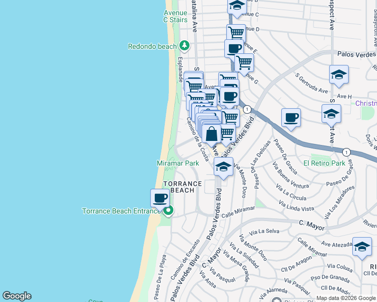 map of restaurants, bars, coffee shops, grocery stores, and more near 109 Paseo De La Playa in Redondo Beach