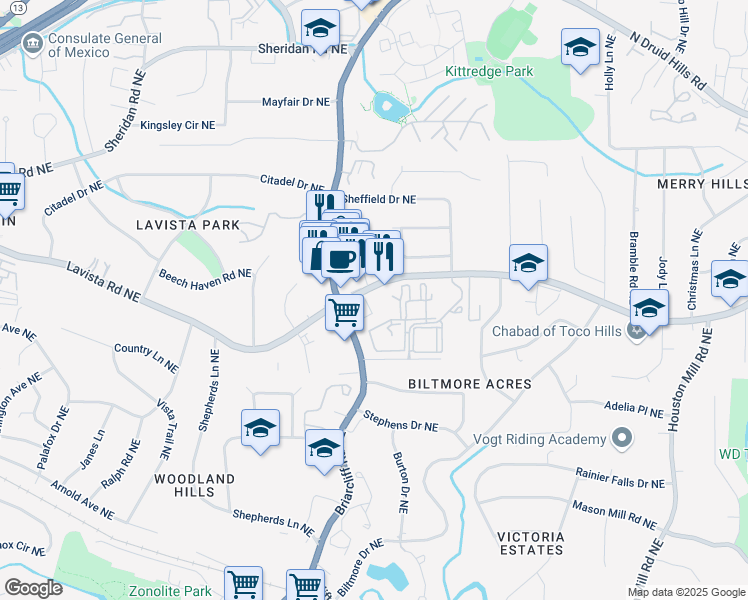 map of restaurants, bars, coffee shops, grocery stores, and more near 2111 Briarcliff Road Northeast in Atlanta