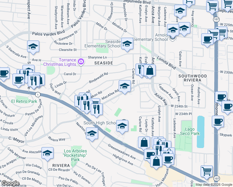 map of restaurants, bars, coffee shops, grocery stores, and more near 4816 Macafee Road in Torrance