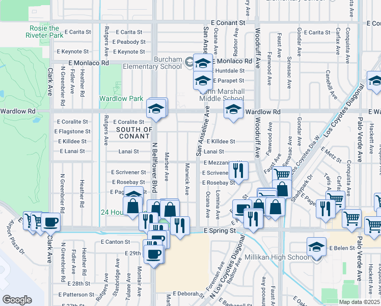 map of restaurants, bars, coffee shops, grocery stores, and more near 3218 Marwick Avenue in Long Beach