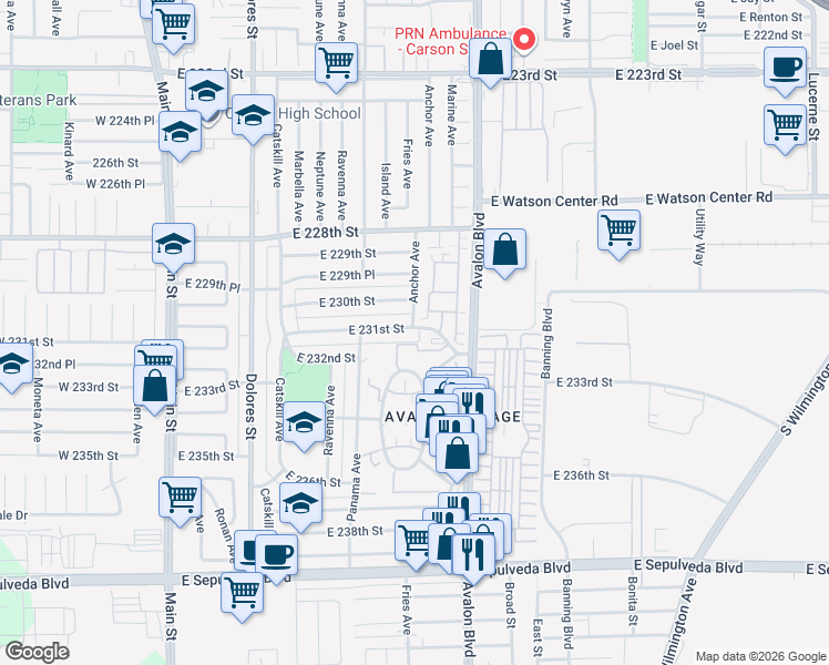 map of restaurants, bars, coffee shops, grocery stores, and more near 460 East 231st Street in Carson