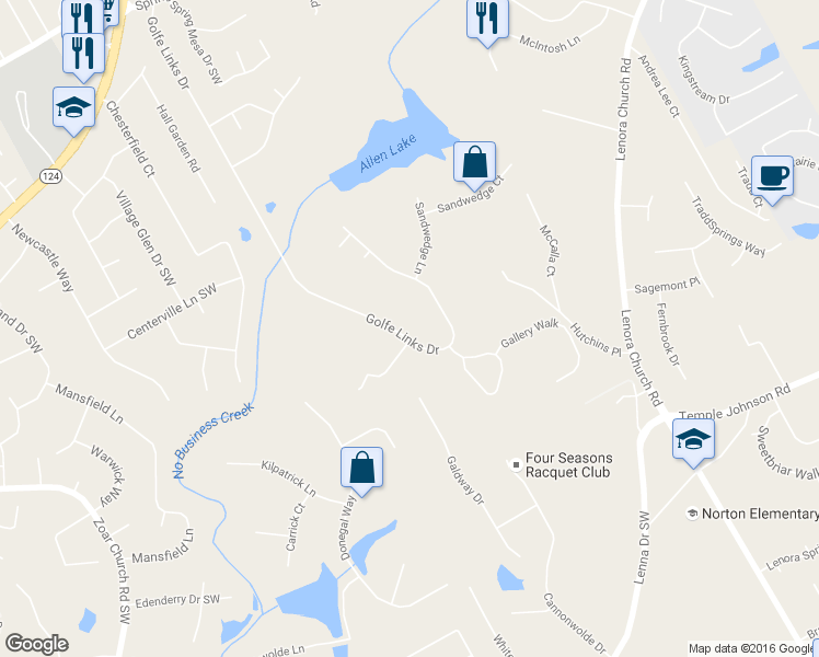 map of restaurants, bars, coffee shops, grocery stores, and more near 3590 Golfe Links Drive in Snellville